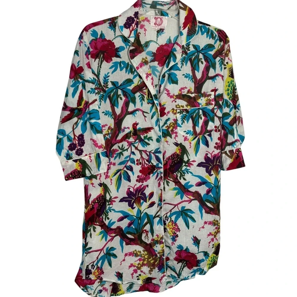 Lot of 2 Victoria Dunn Women's Cotton Sleep Shirt‎ Tropical Floral Print S